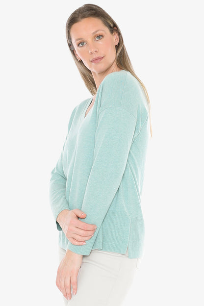V-Neck Rib Detail Pullover in Seaglass Marle