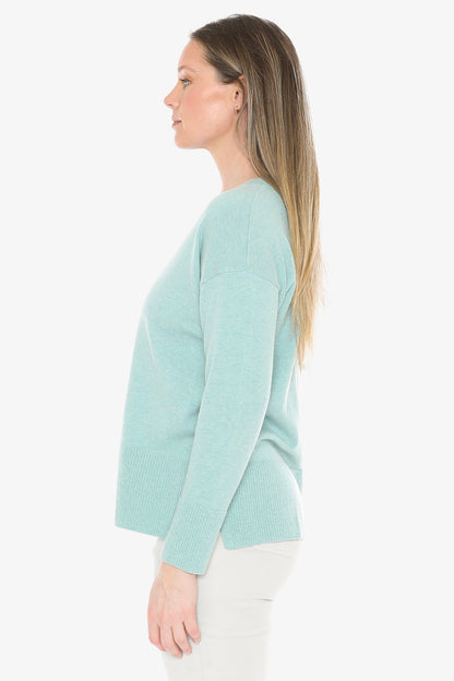V-Neck Rib Detail Pullover in Seaglass Marle