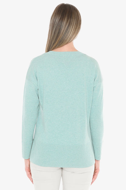 V-Neck Rib Detail Pullover in Seaglass Marle