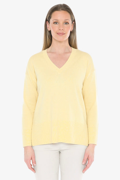 V-Neck Rib Detail Pullover in Lemon