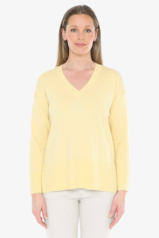 V-Neck Rib Detail Pullover in Lemon