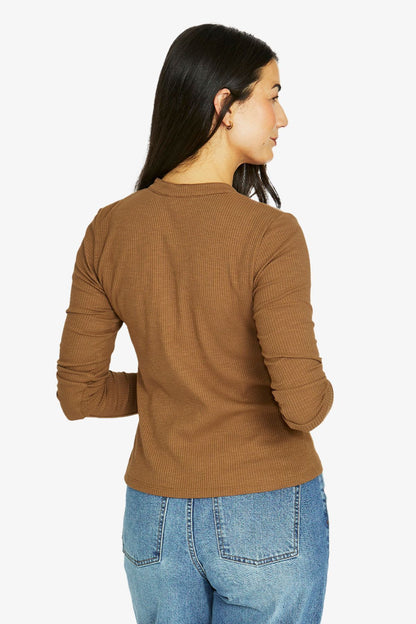 Womens V Neck Rib Ls Henley Brown 60612017a