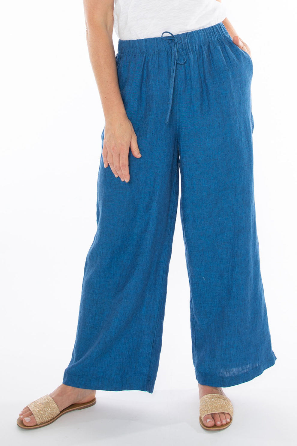 Women Vintage Spring Pure Color Wide Leg Linen Pants 2
