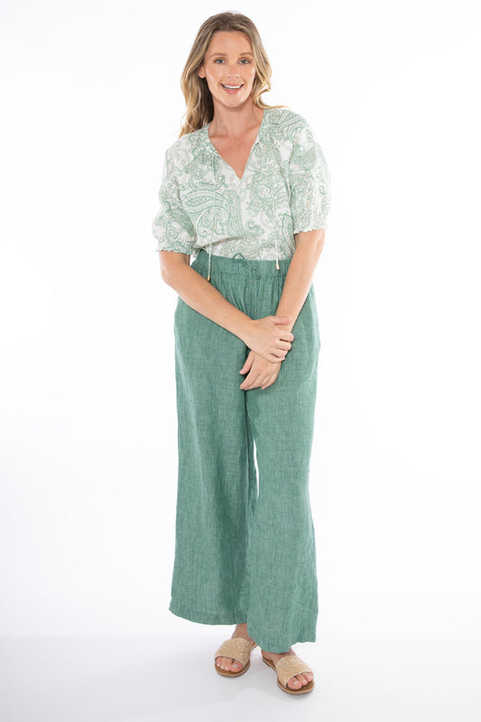 Women's Wide Leg Linen Pant in Green
