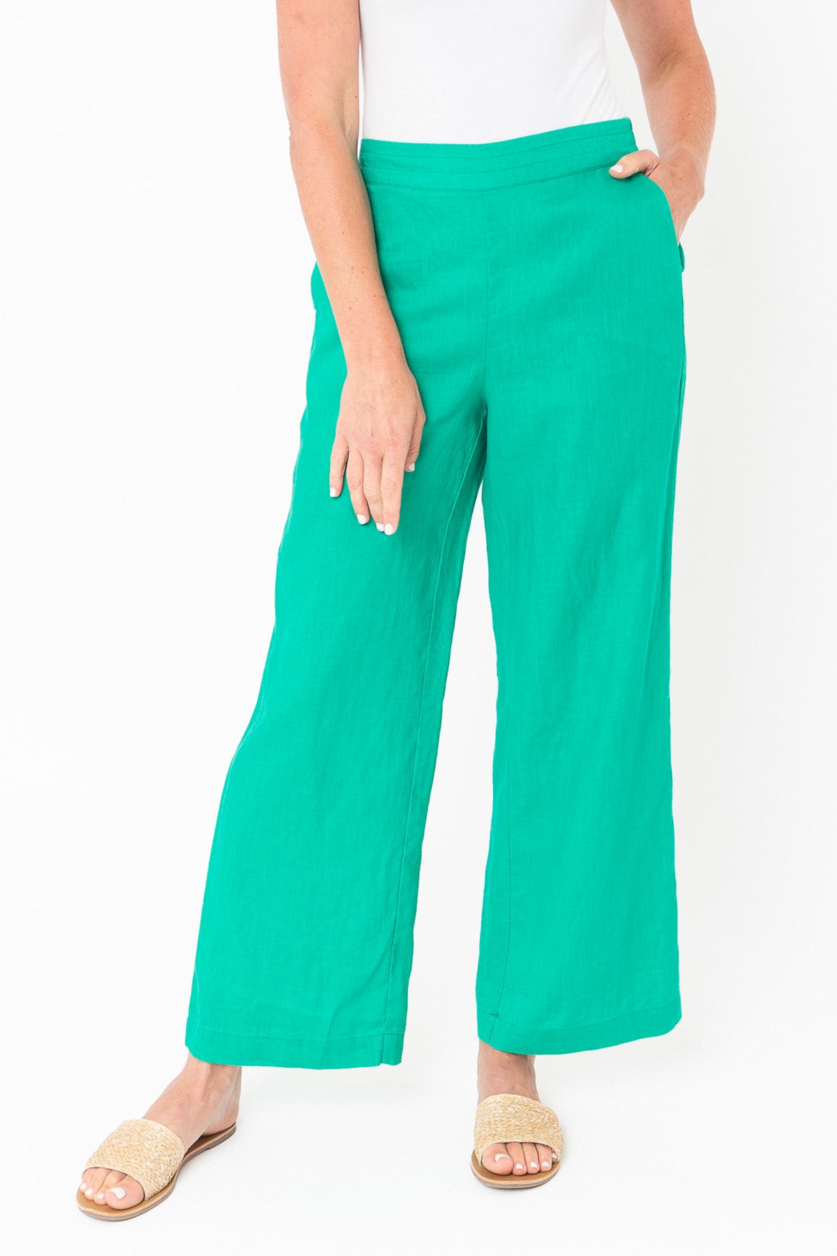 Women's Wide Leg Linen Pants in Emerald Green