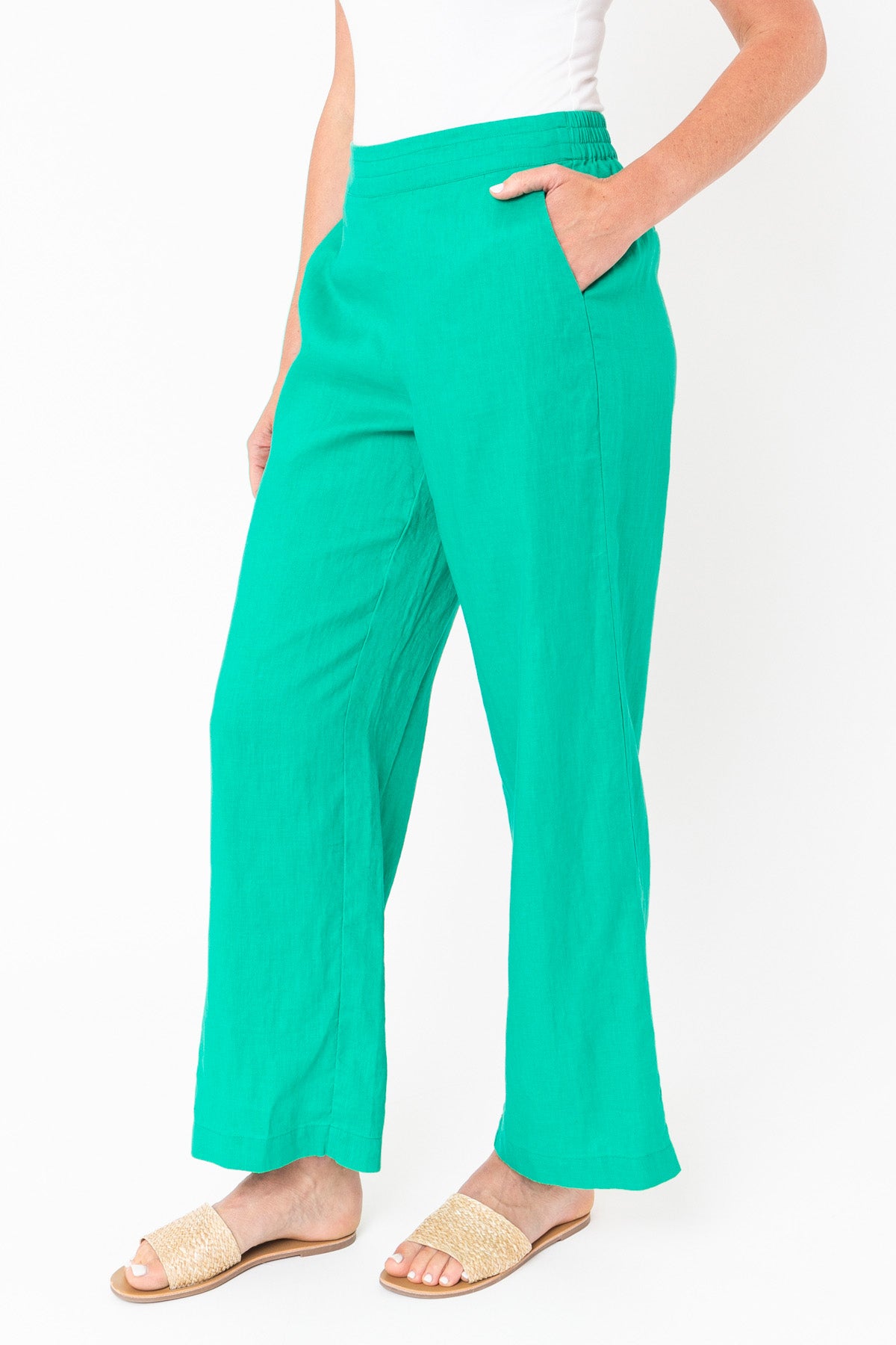 Women's Wide Leg Linen Pants in Emerald Green