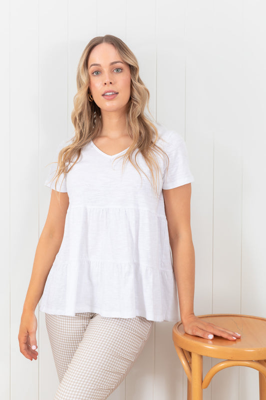 Tiered V-Neck Tee White