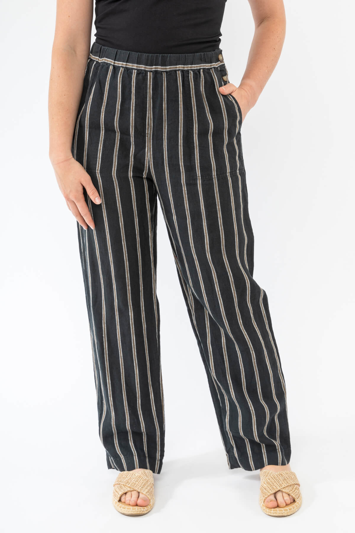 Button Detail Stripe Linen Pant