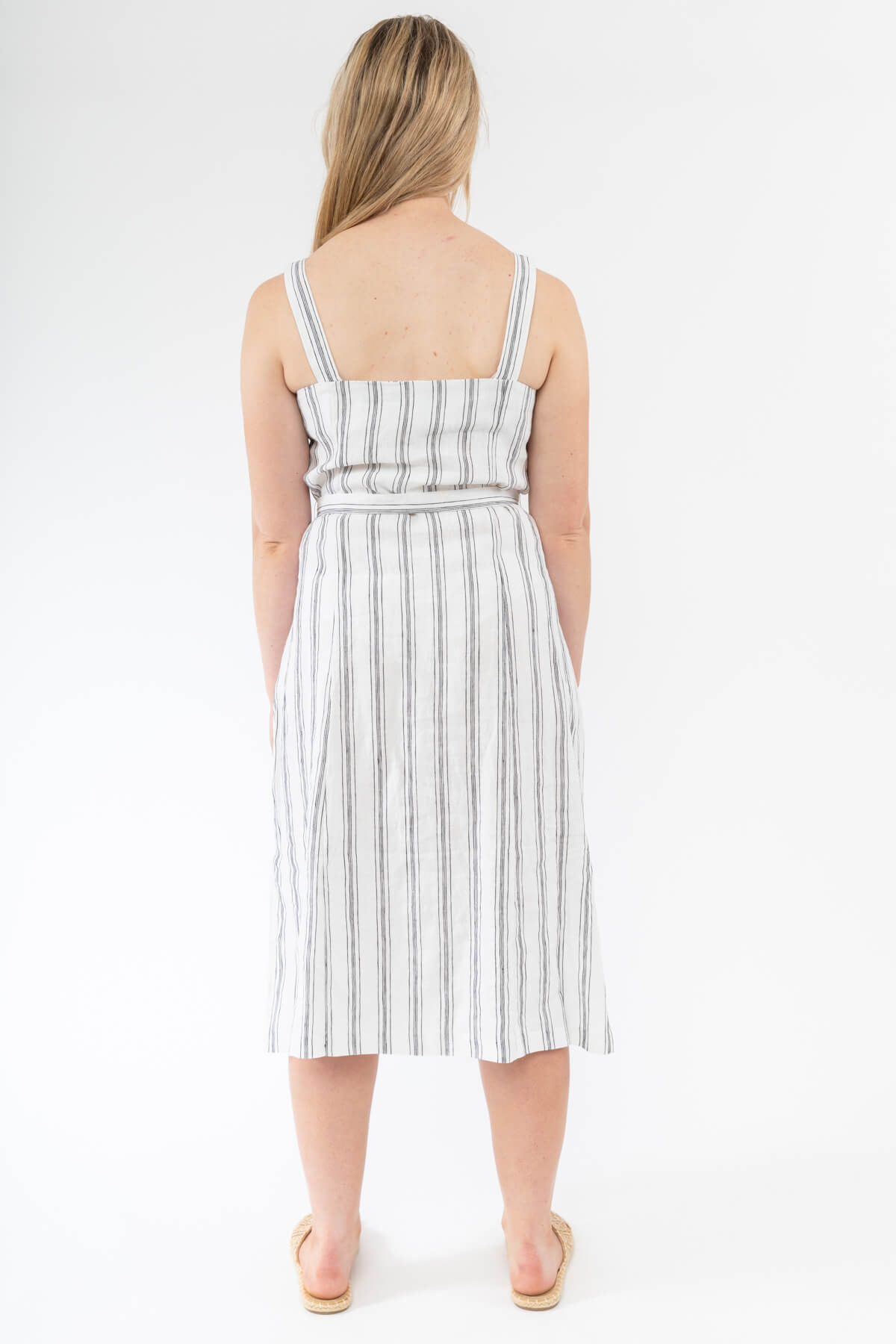 Side Button Stripe Linen Dress Ivory