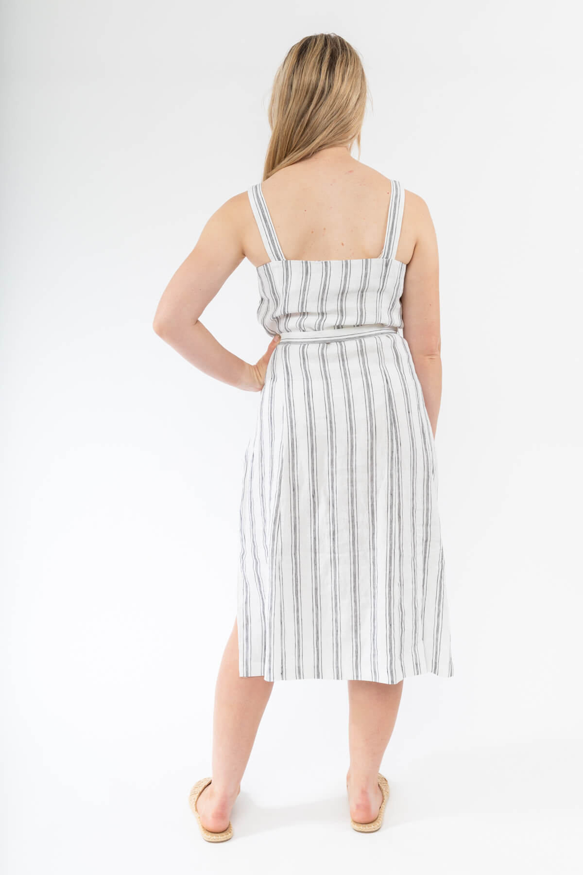 Side Button Stripe Linen Dress Ivory