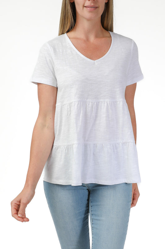 Tiered V-Neck Tee White