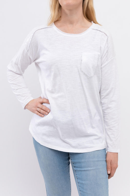 Long Sleeve Sequin Trim Top White