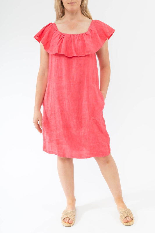 Ruffle Pigment Dyed Linen Dress Watermelon