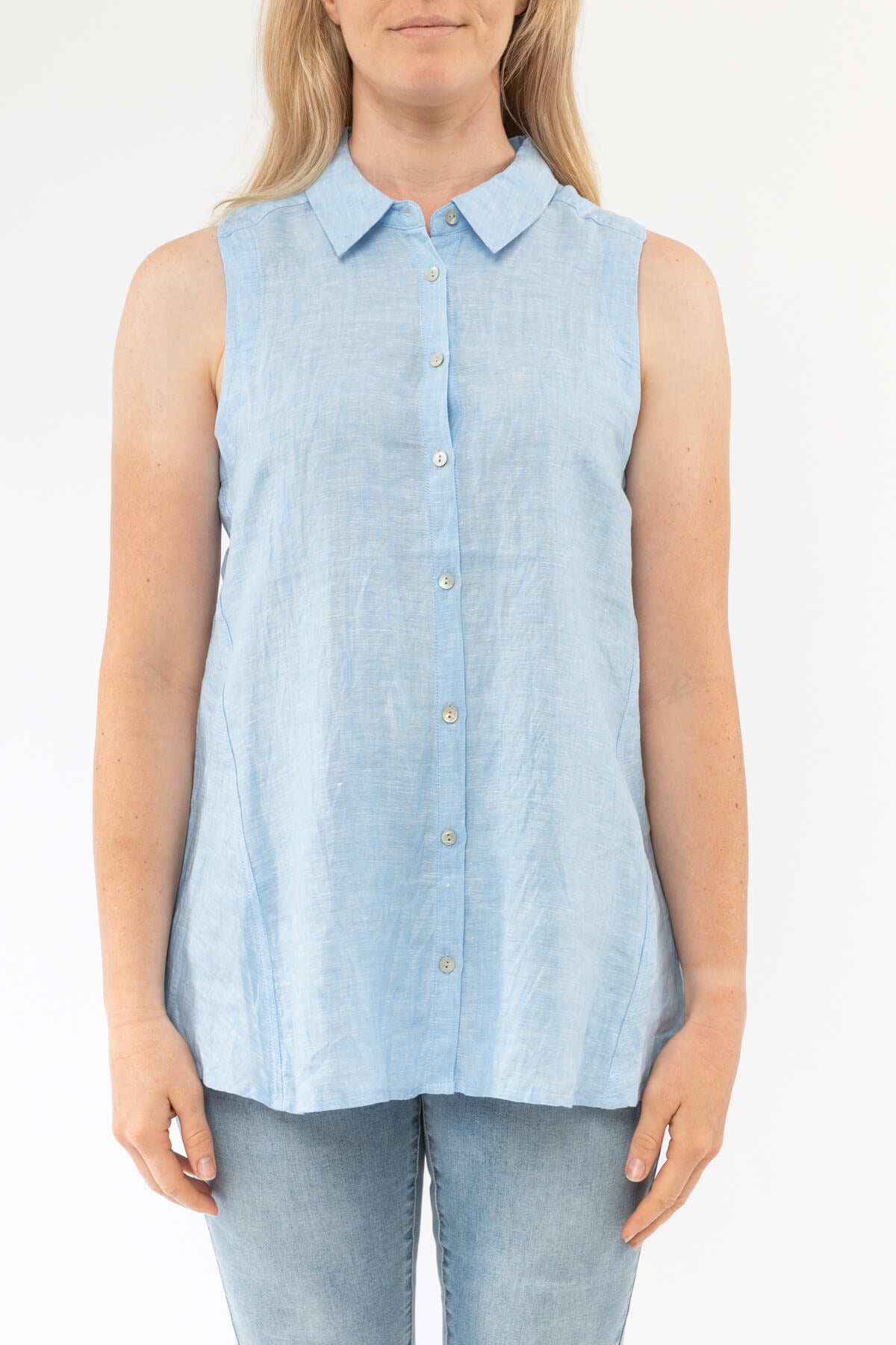 Sleeveless Button Through Linen Shirt Pale Blue