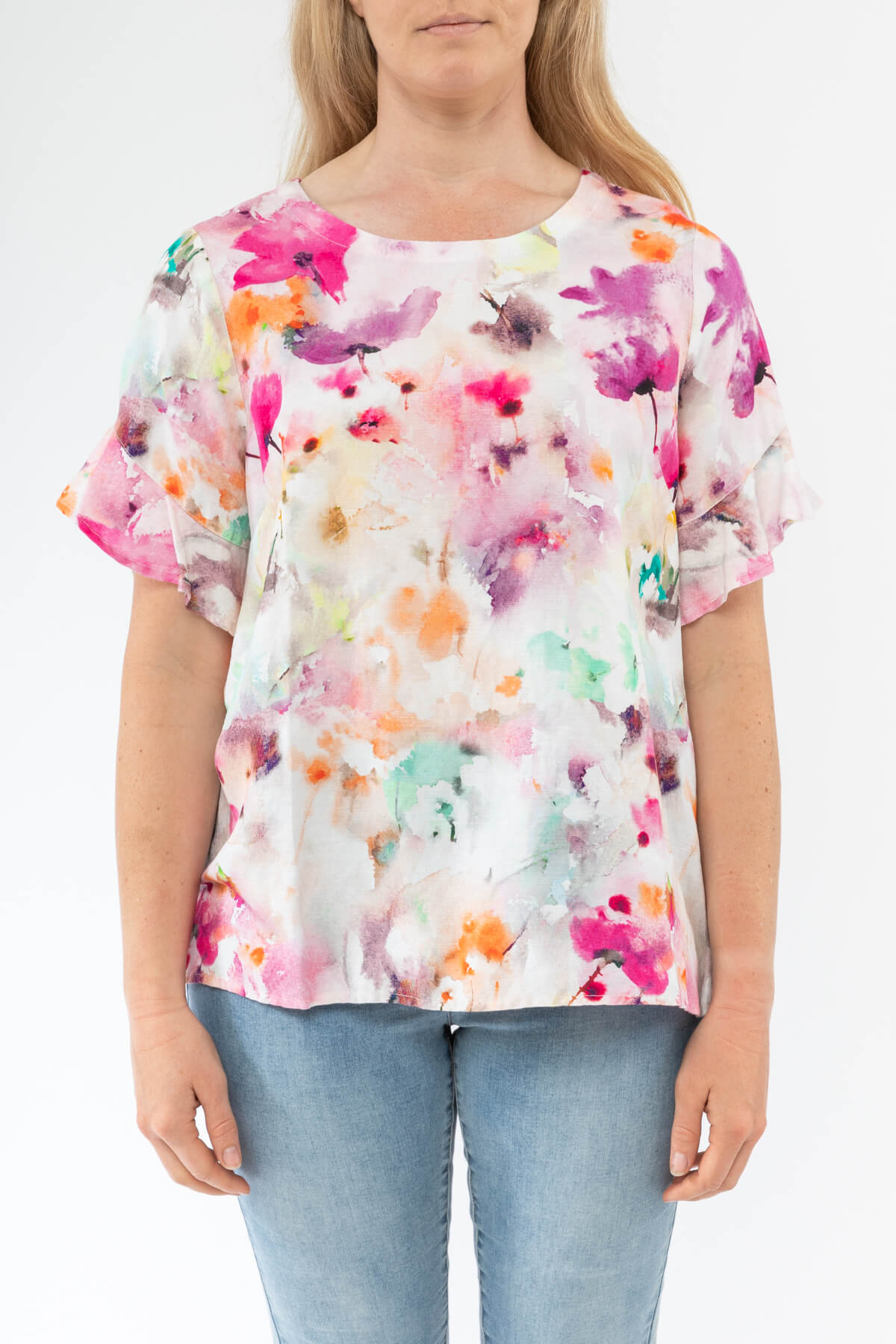 Watercolour Floral Frill Sleeve Top