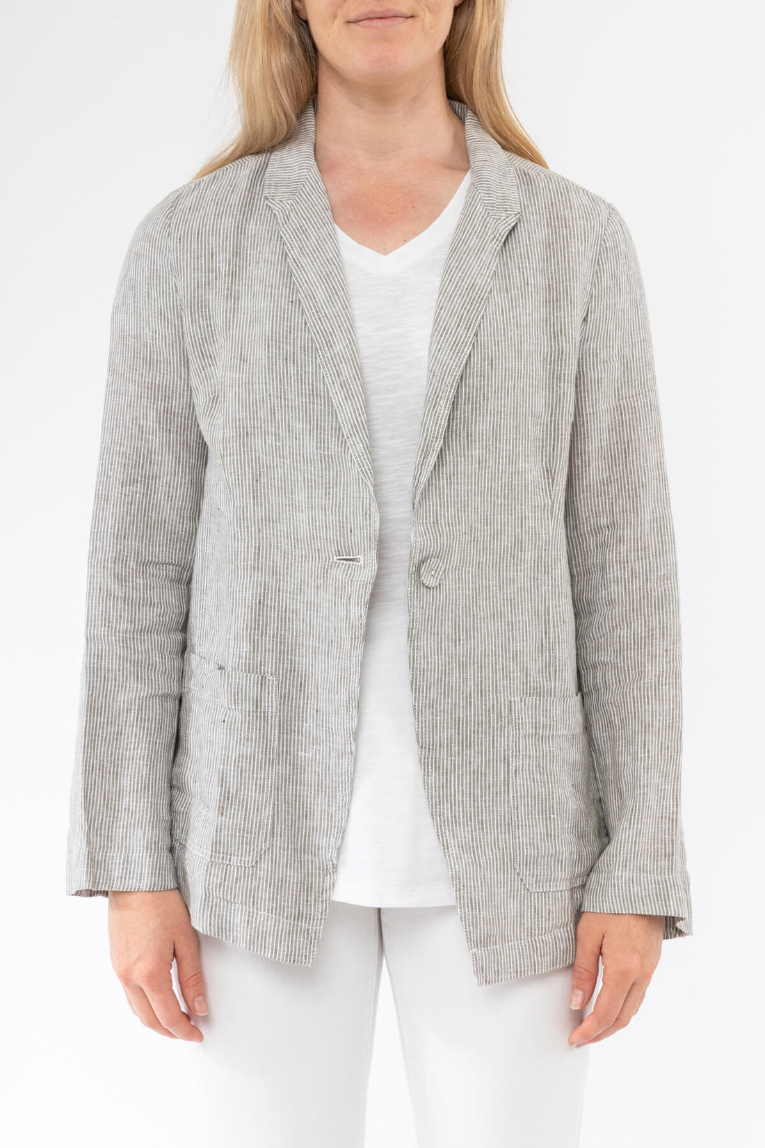 Womens Stripe Linen Blazer Khaki JUMP Clothing