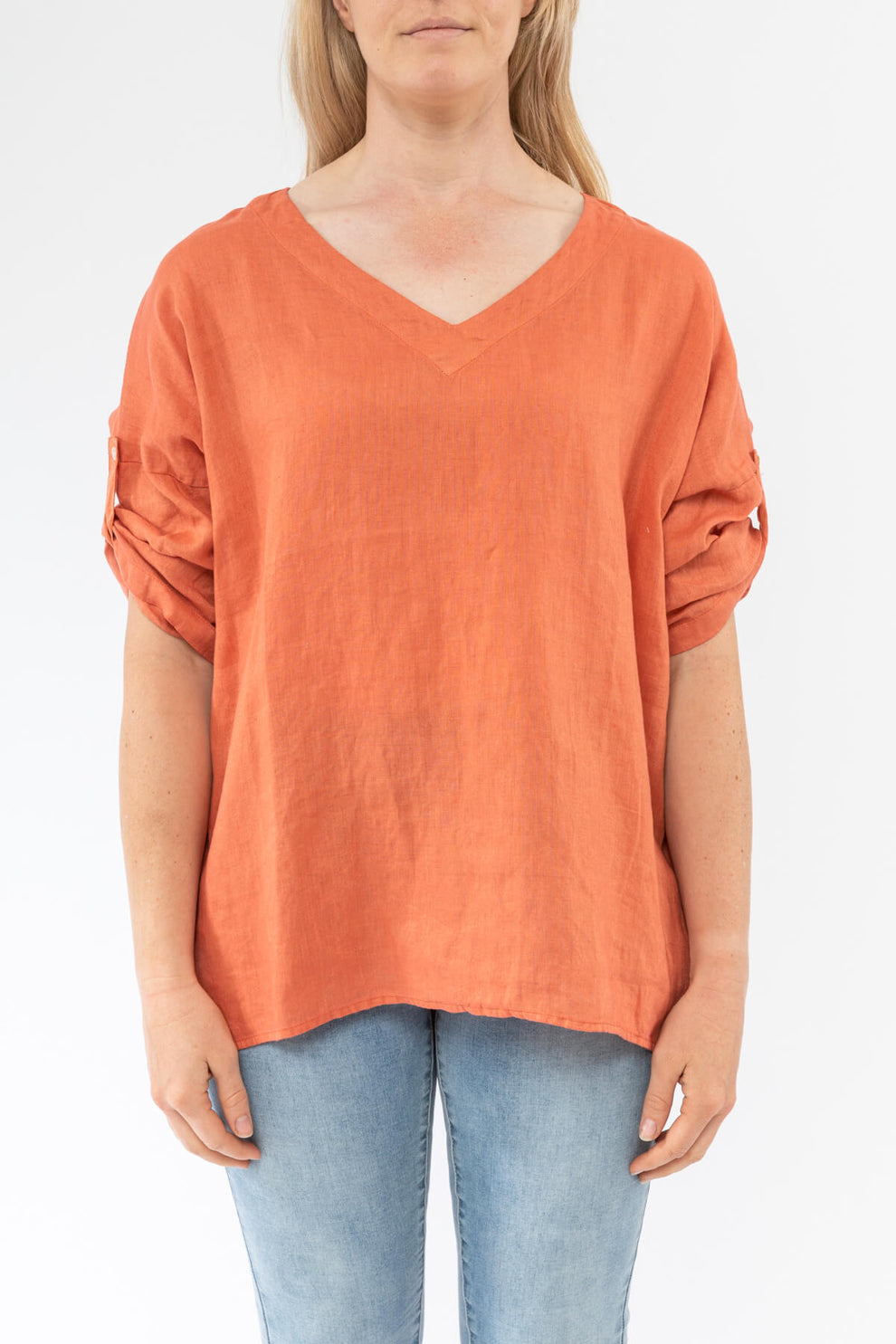 Womens Tab Sleeve Pigment Linen Top Orange JUMP Clothing