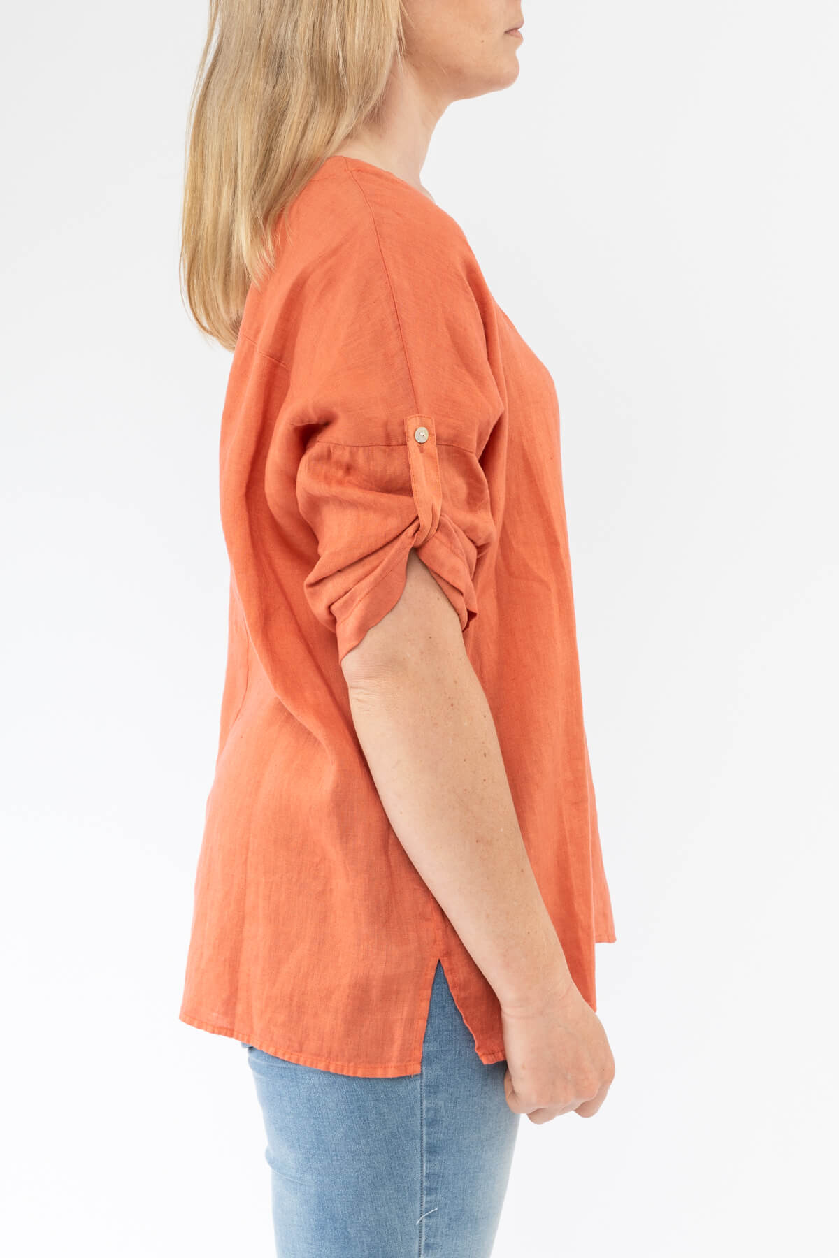 Womens Tab Sleeve Pigment Linen Top Orange JUMP Clothing