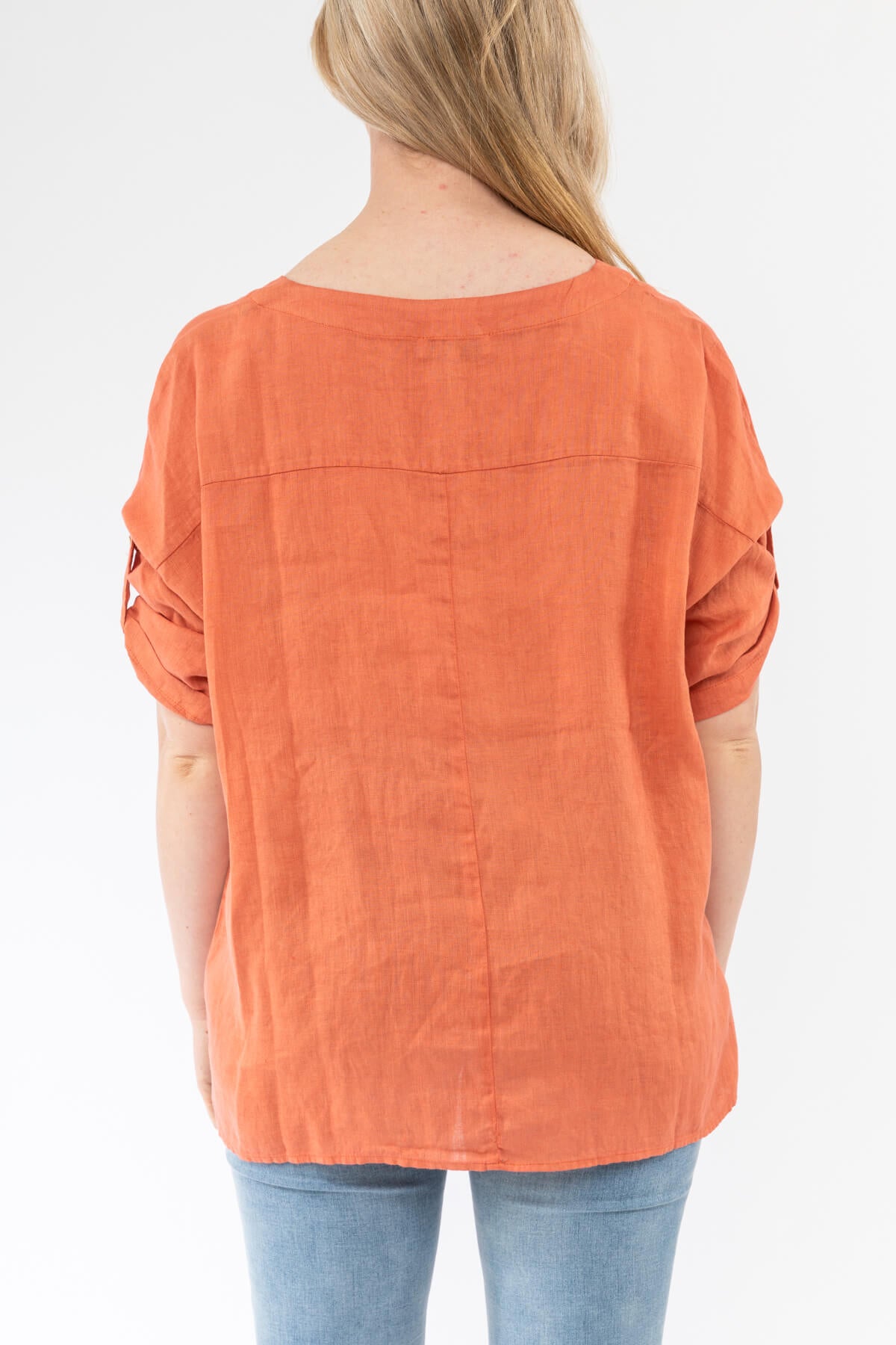 Tab Sleeve Pigment Linen Top Orange